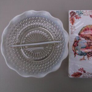 7.5” Heavy Glass Round Serving Dish with Center Divider + 16 Holiday Napkins